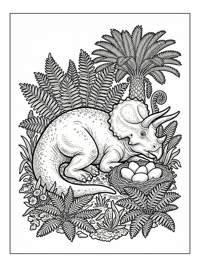 Triceratops Rests Beside Nest With Eggs
