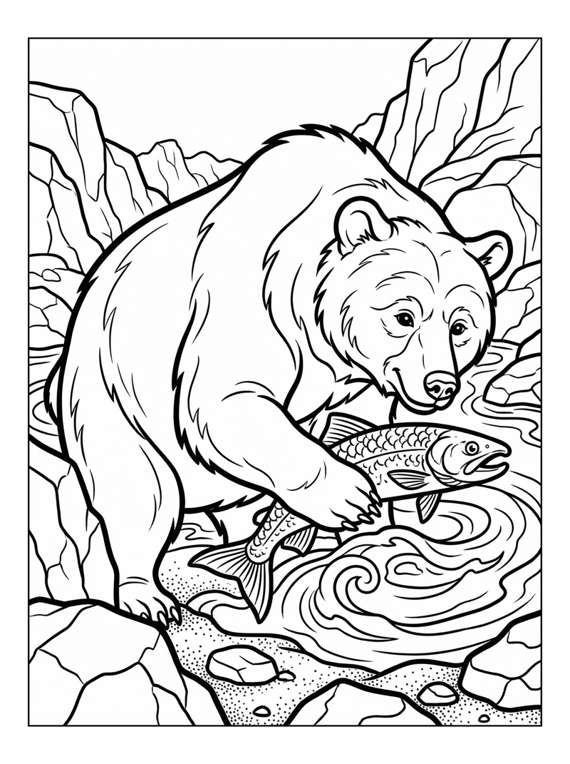 Brown Bear Fishing In Rocky River