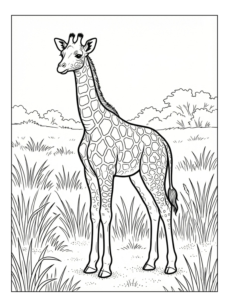 Baby Giraffe Standing In Grassy Plains