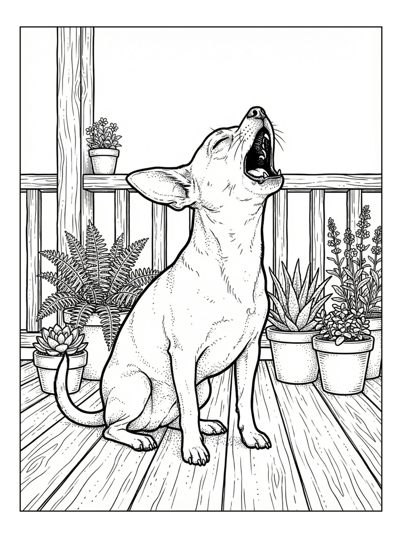 Chihuahua Howls On Porch With Plants