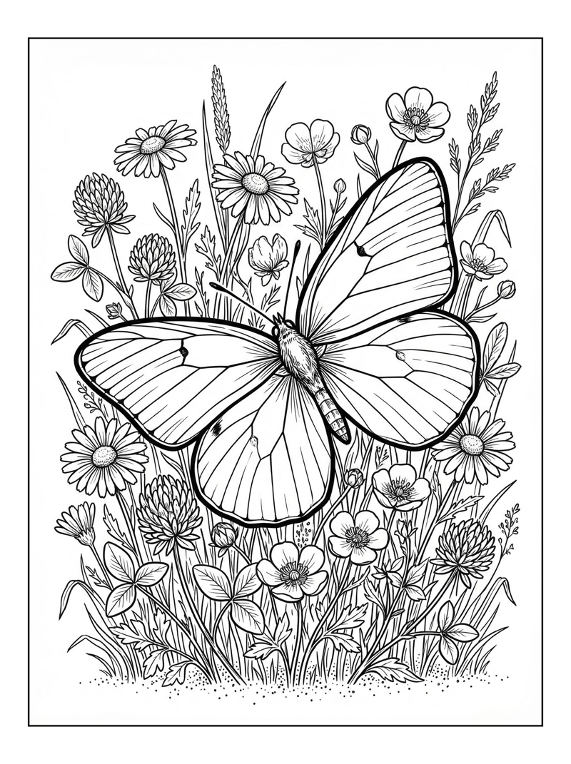 Sulphur Butterfly Sunbathing In Wildflower Meadow