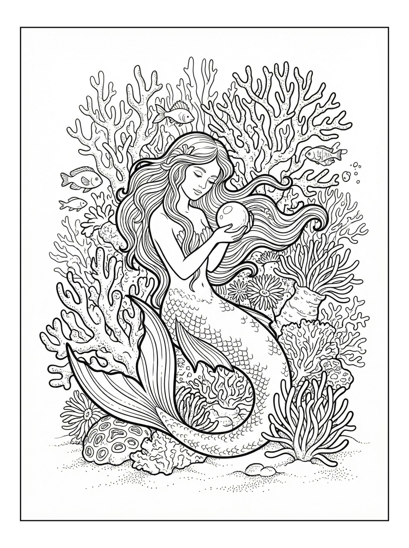 Mermaid Mother Holding Pearl In Coral Reef