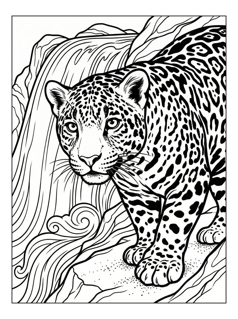 Young Jaguar Looking Near Waterfall Edge