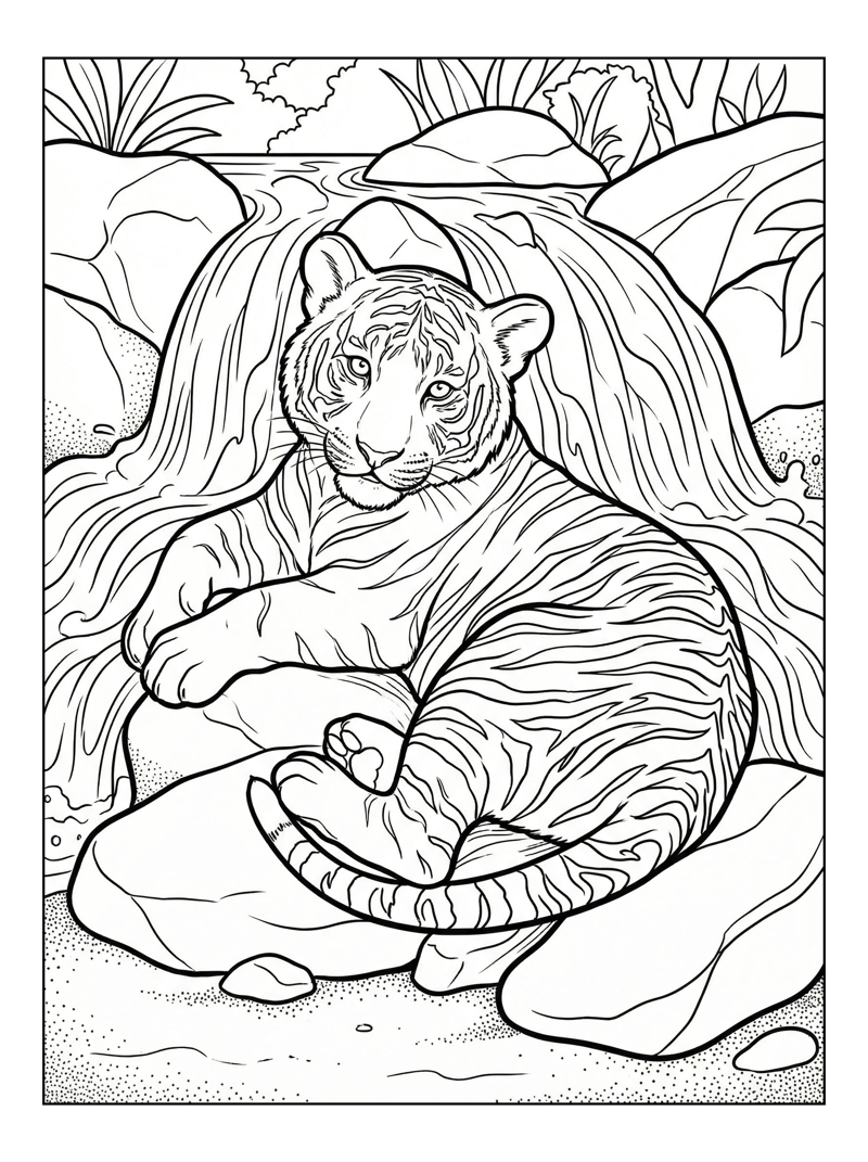 White Tiger Resting By Waterfall
