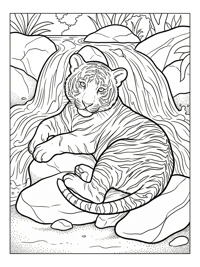 White Tiger Resting By Waterfall