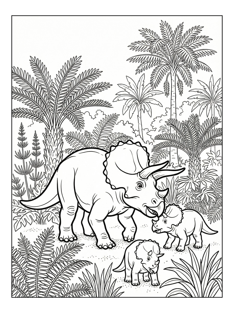 Triceratops Family Walking In Jungle