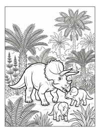 Triceratops Family Walking In Jungle