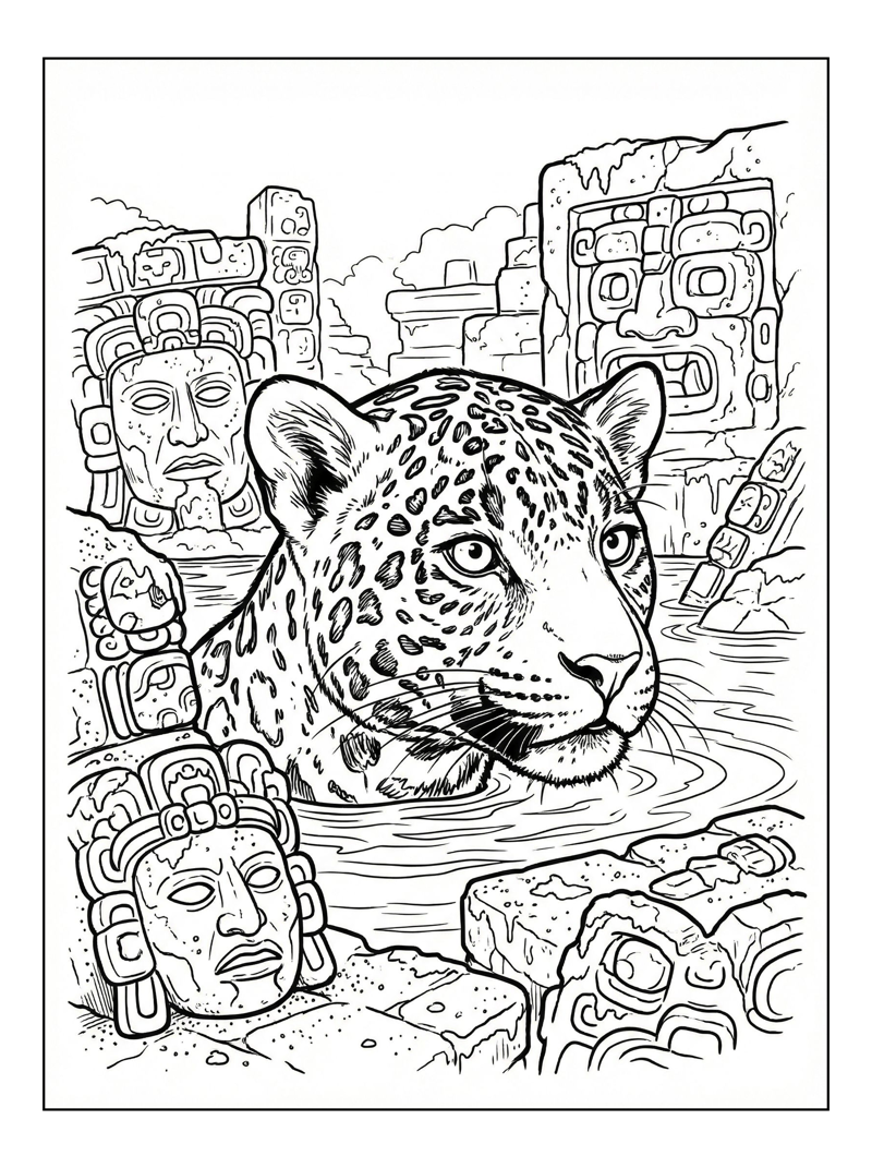 Jaguar Cub Swimming Mayan Ruins