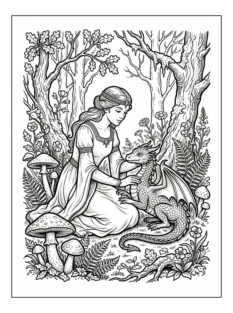 Princess Pets Dragon In Forest