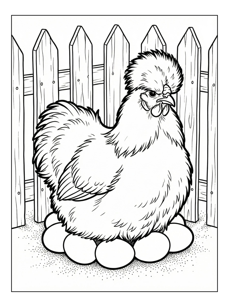 Silkie Chicken Sitting On Eggs With Fence
