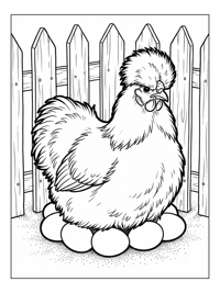 Silkie Chicken Sitting On Eggs With Fence