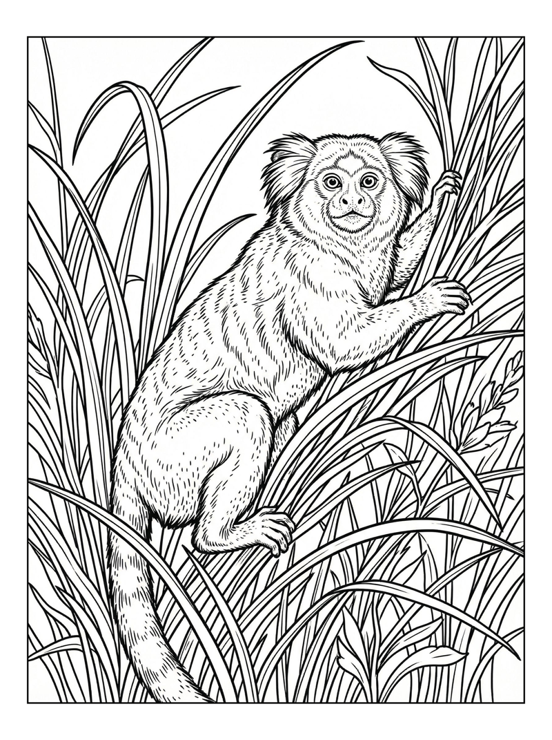 Marmoset Monkey Clings Tall Grass