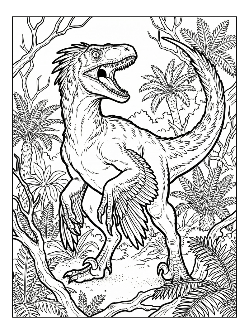 Feathered Velociraptor Roaring In Jungle
