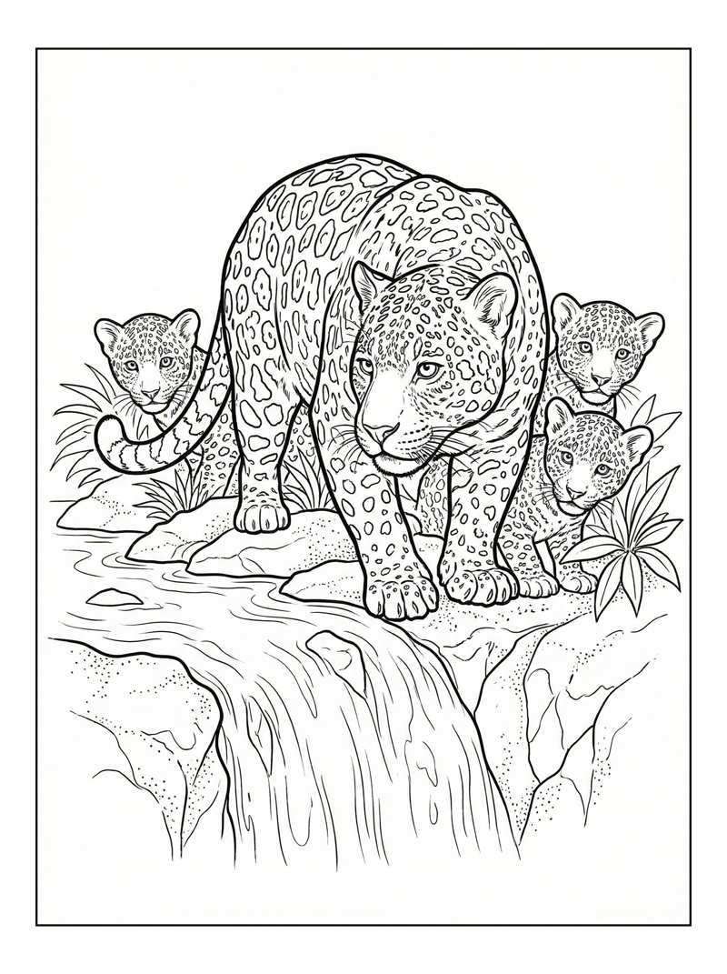 Mother Jaguar Cubs Near Waterfall Rocks