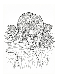 Mother Jaguar Cubs Near Waterfall Rocks