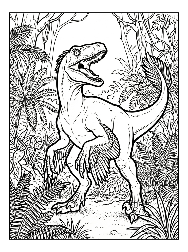 Velociraptor Roaring In Prehistoric Jungle