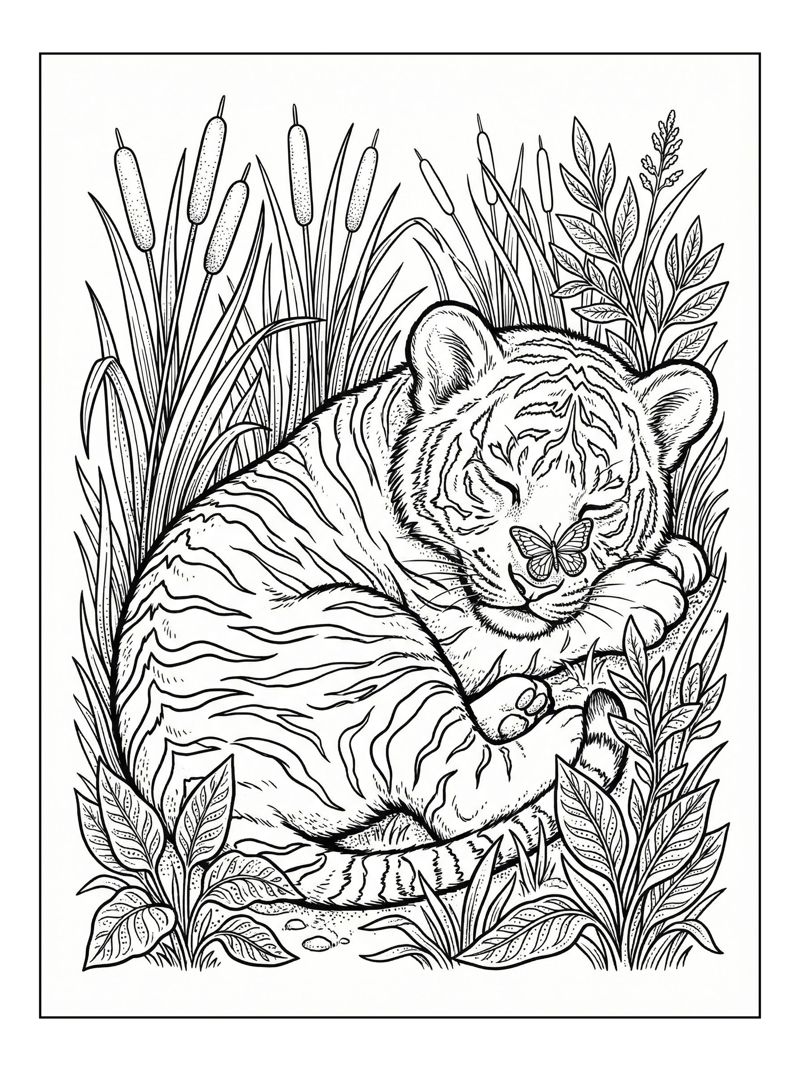 Tiger Cub Sleeping With Butterfly Reeds