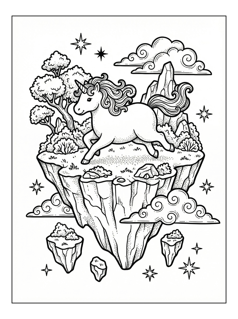 Unicorn Galloping On Floating Island