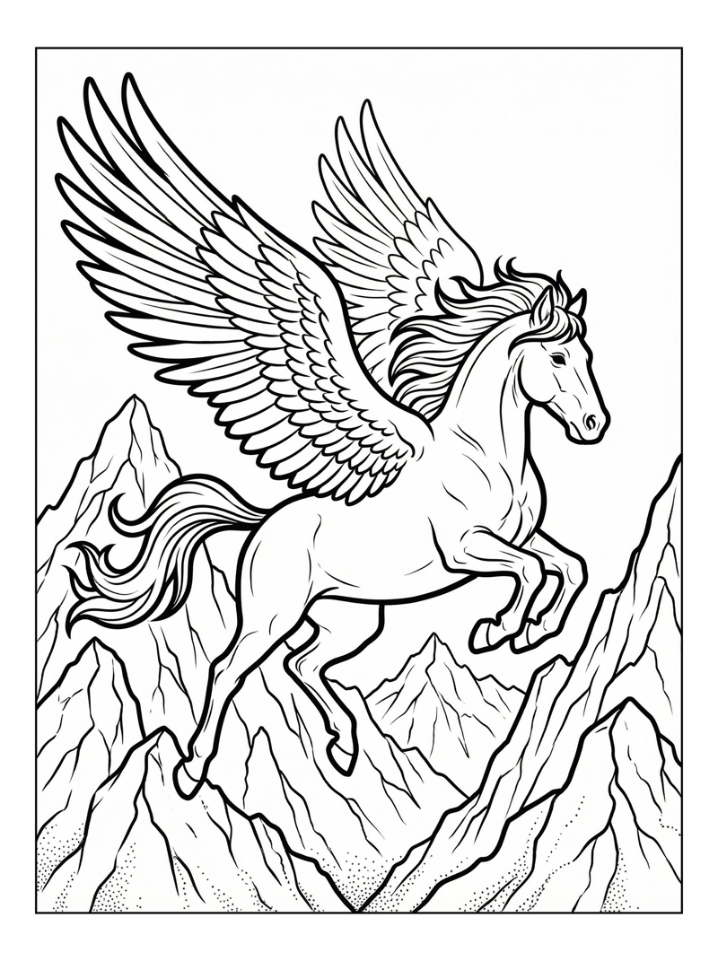 Pegasus Soaring Over Mountain Peaks