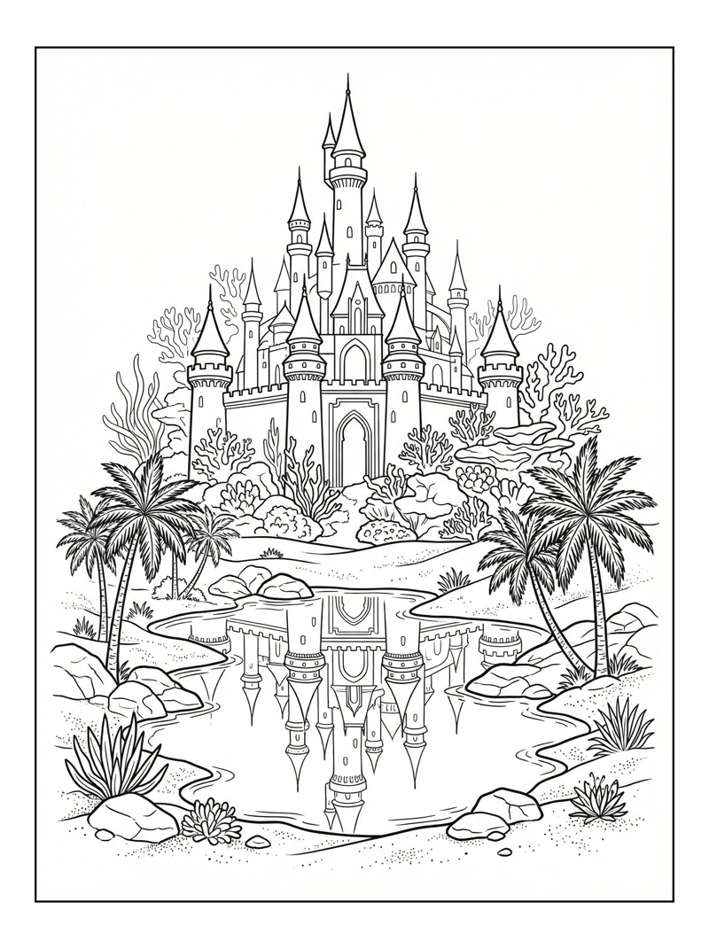 Underwater Castle Reflecting In Desert Oasis