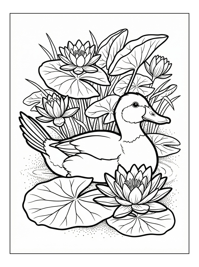 Ruddy Duck Floating Among Water Lilies
