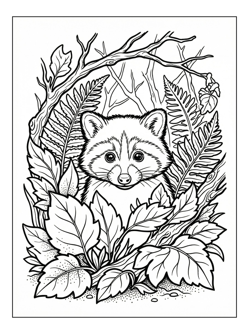 Baby Racoon Peeking From Forest Leaves