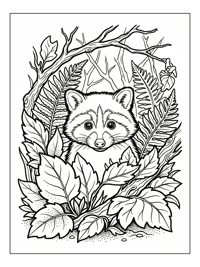 Baby Racoon Peeking From Forest Leaves