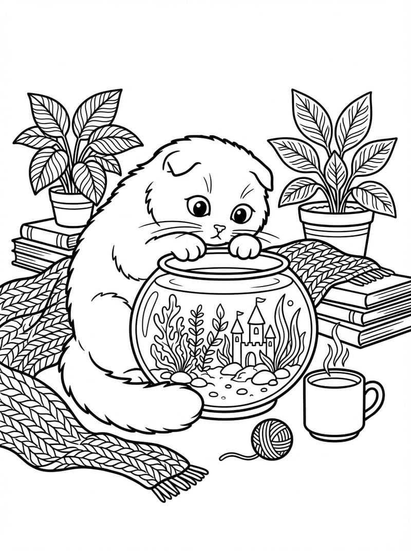 Scottish Fold Cat Peering Into Fishbowl