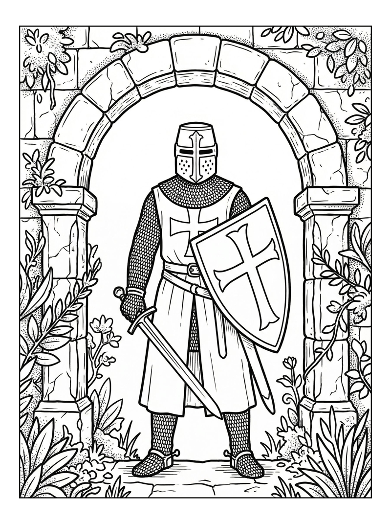 Templar Knight Stands In Stone Archway