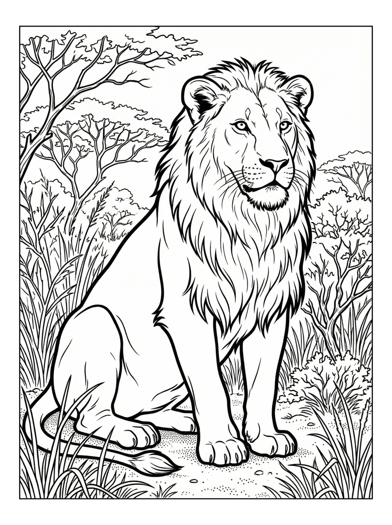 Lion Sitting In Savannah Landscape