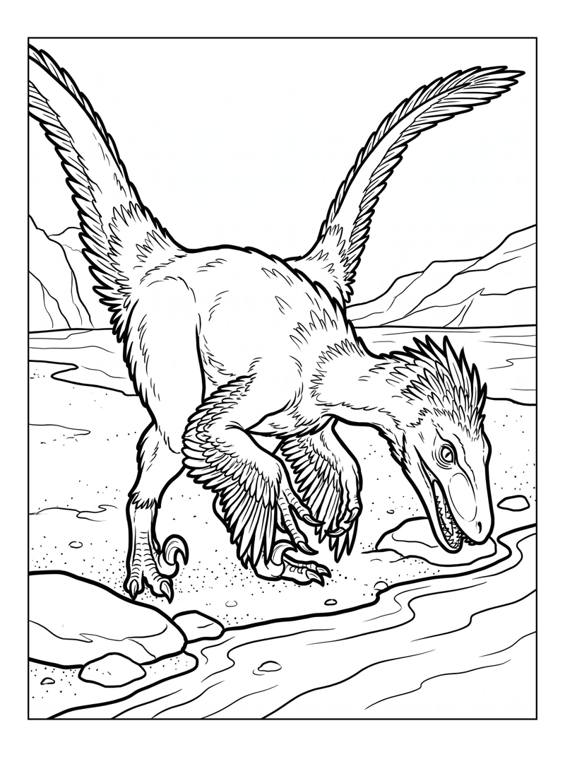 Feathered Velociraptor Foraging By River