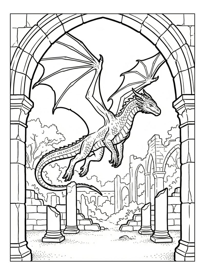 Storm Dragon Gliding Through Ancient Ruins