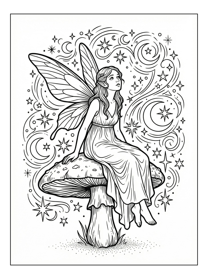 Forest Fairy Sitting On Mushroom Starry Sky