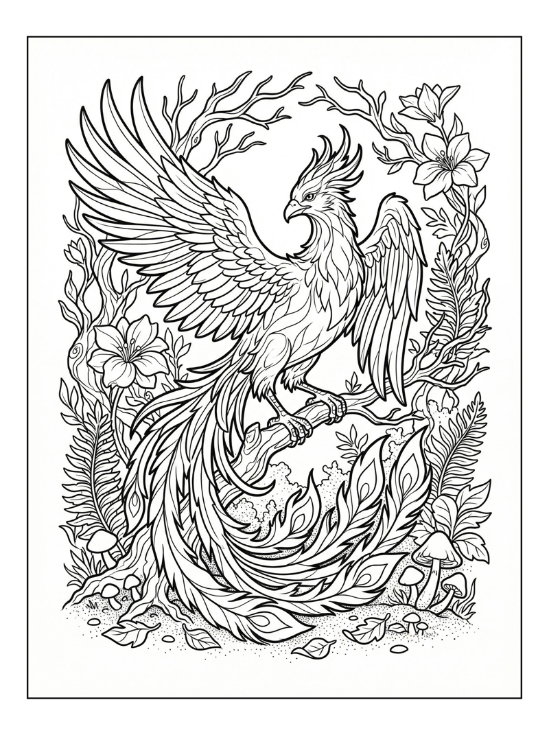 Phoenix Perching In Enchanted Forest