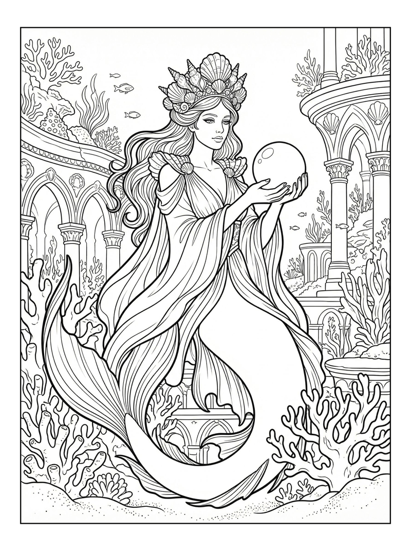 Mermaid Queen Holds Pearl Underwater Palace