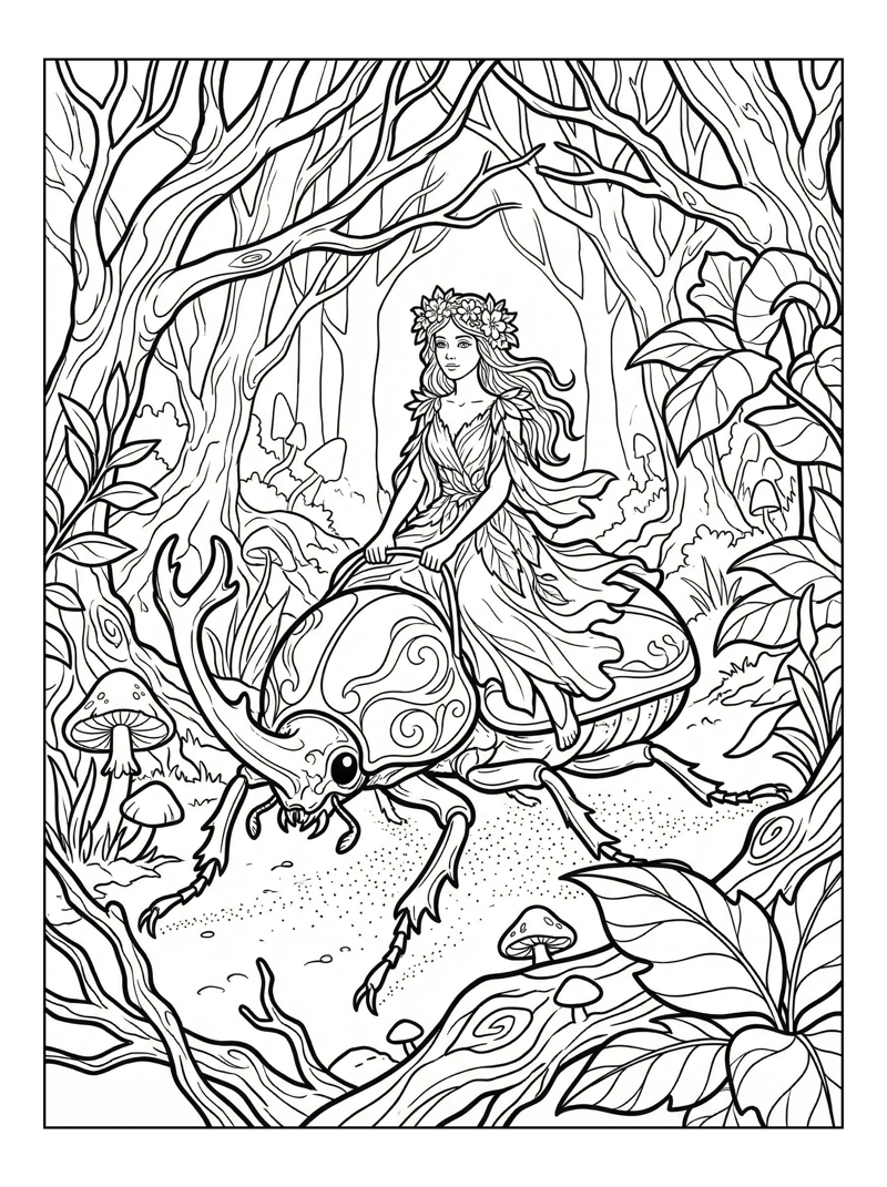 Flower Princess Riding Hercules Beetle Forest
