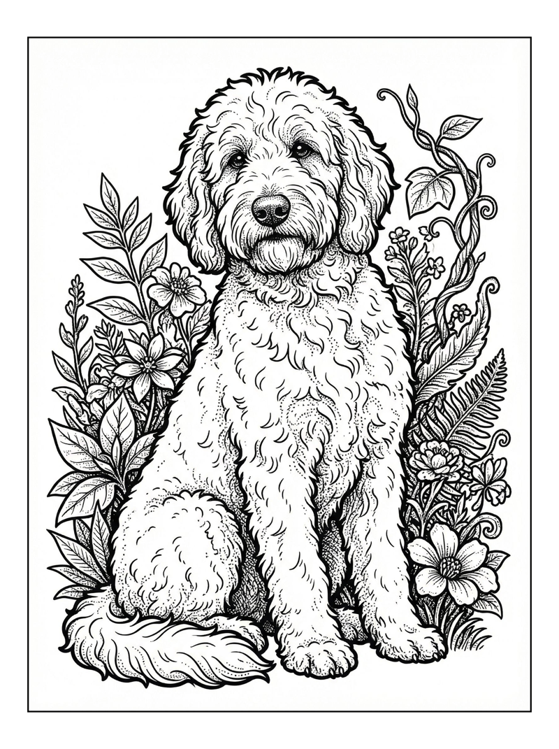 Golden Doodle Sitting In Garden