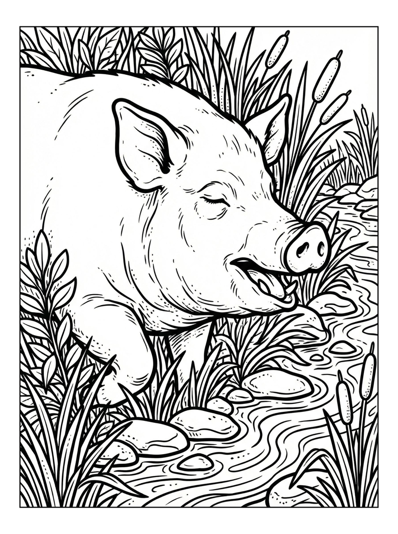 Pig Rests On Riverbank With Reeds