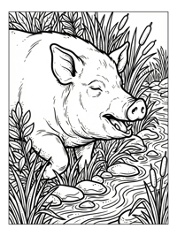 Pig Rests On Riverbank With Reeds