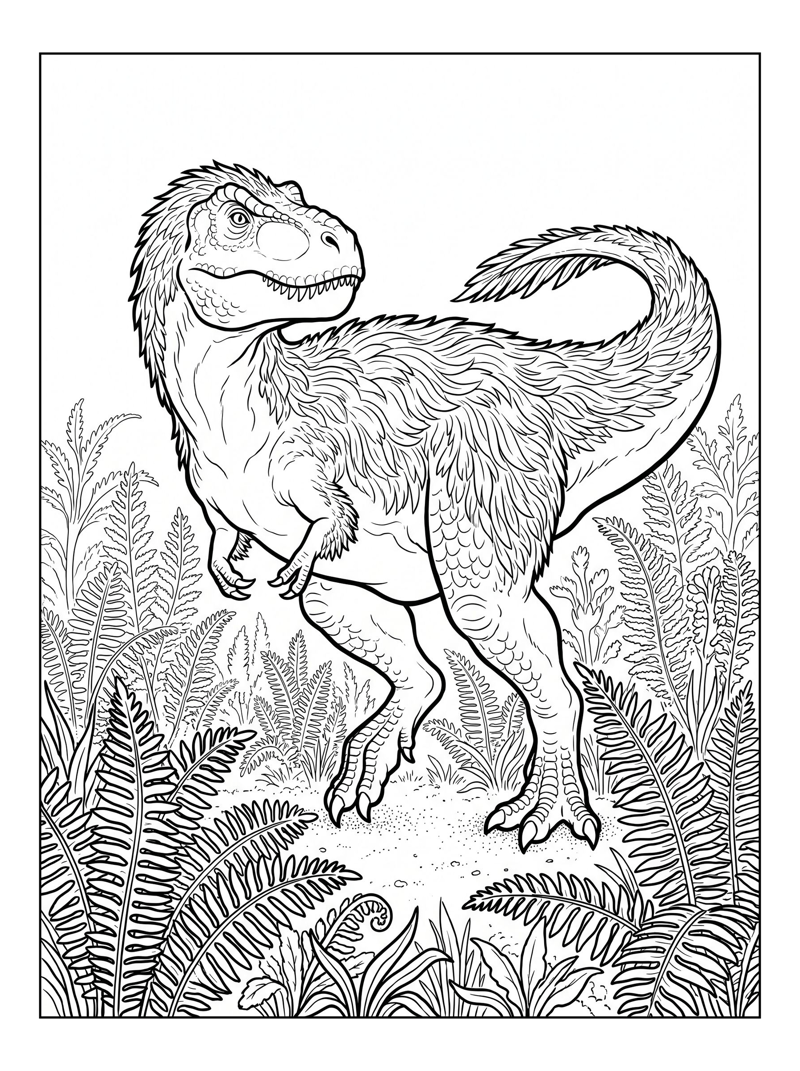 Coloring page of Feathered Tyrannosaurus Walking In Fern Field