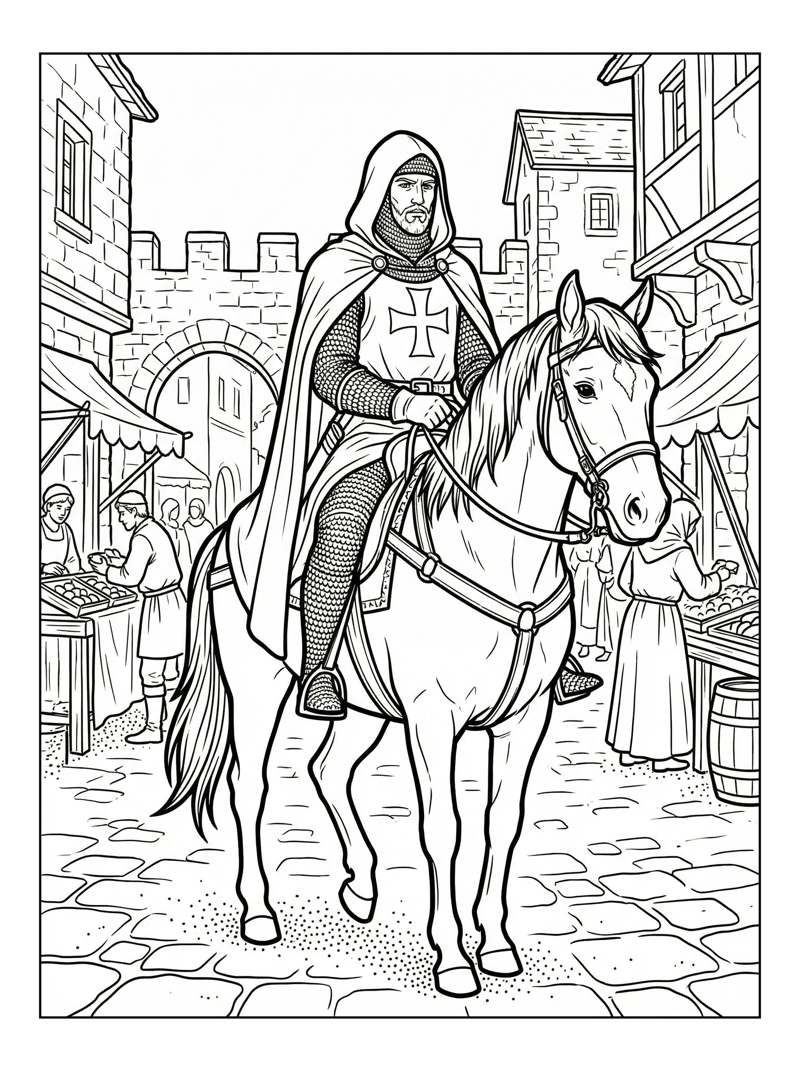 Knight Templar Riding Through Village Square