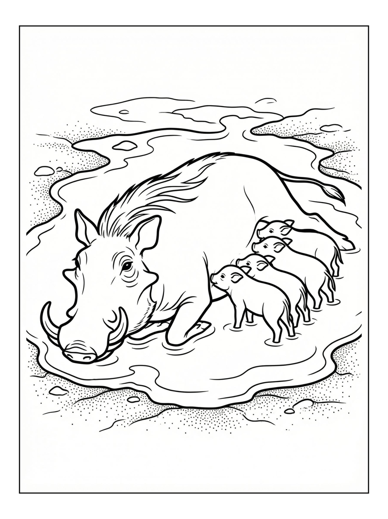 Protective Warthog Nursing In Mud