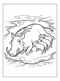 Protective Warthog Nursing In Mud