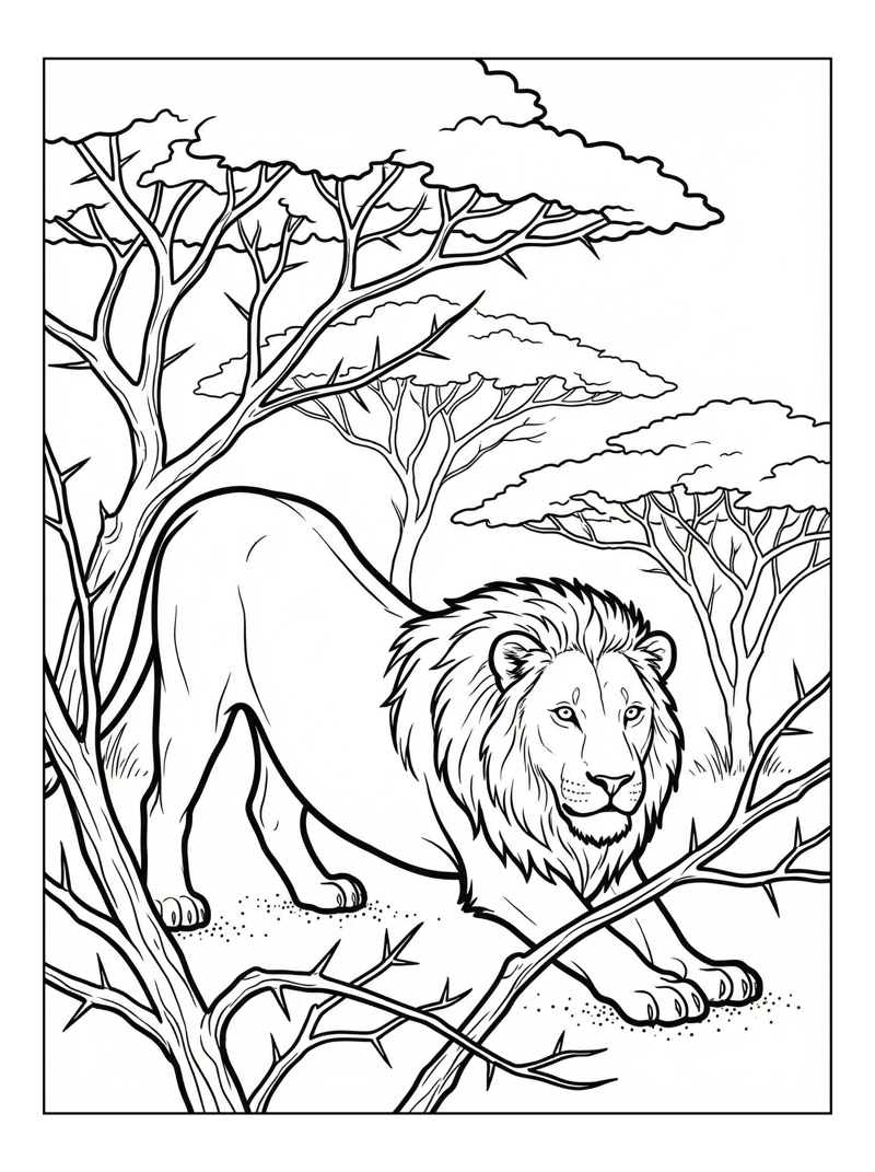 African Lion Prowling Among Acacia Trees