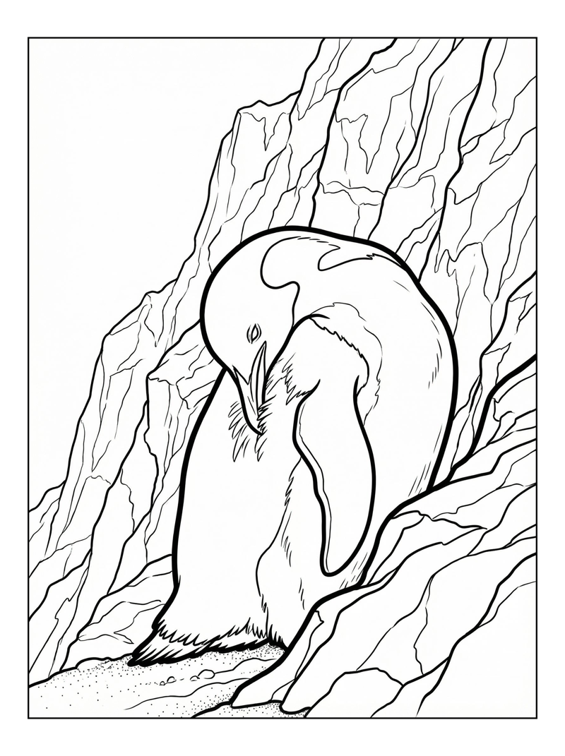 Penguin Preening By Mountain Cliff