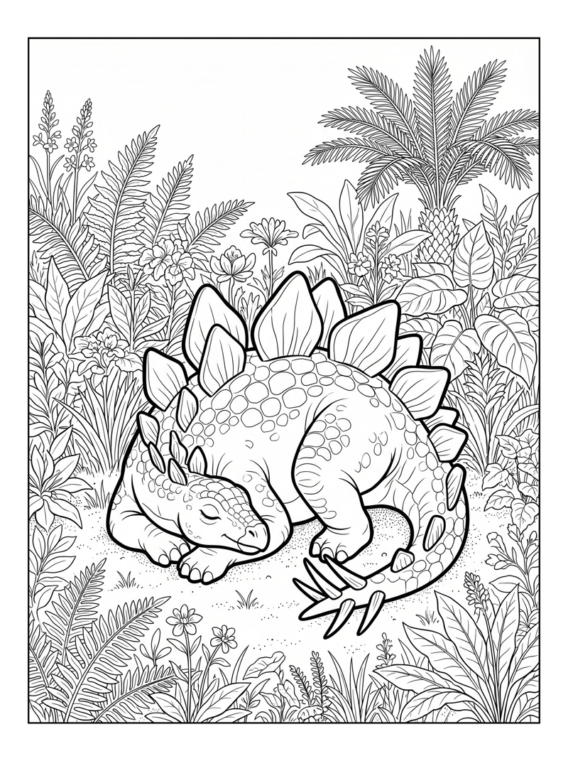 Baby Stegosaurus Resting In Meadow