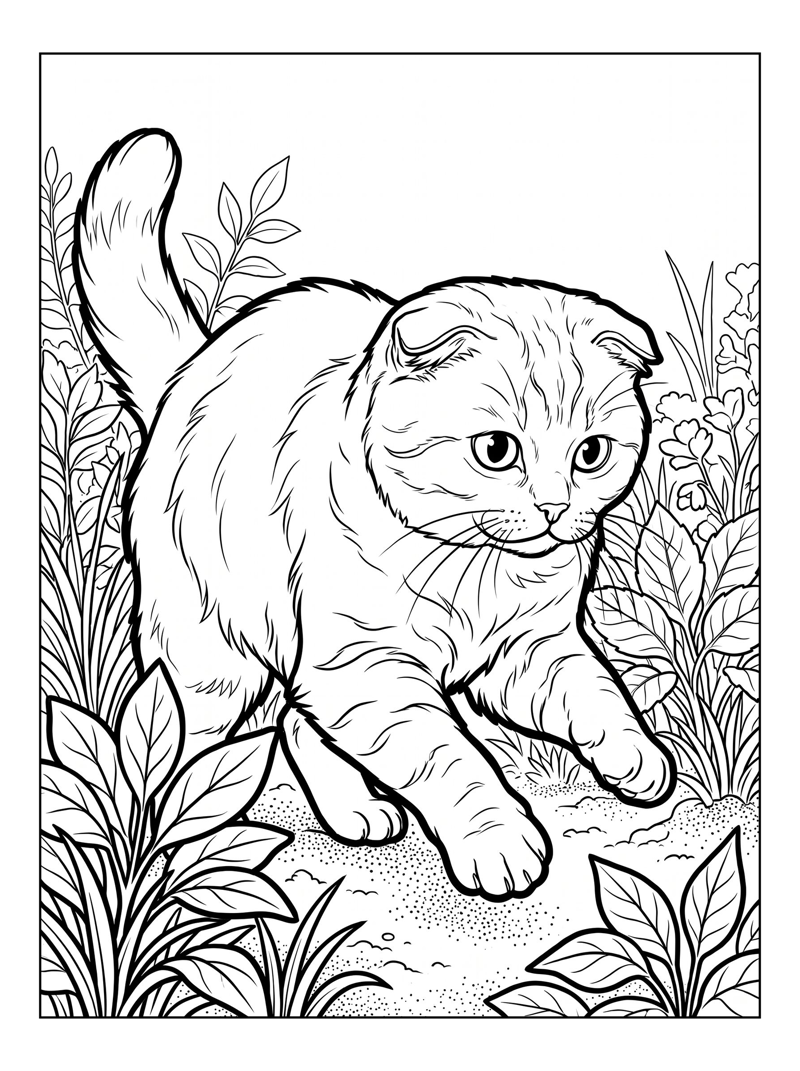 Coloring page of Scottish Fold Cat Playing In Garden