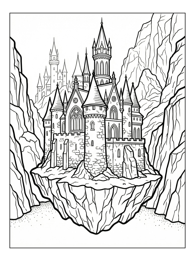 Gothic Castle Floating Among Rocky Cliffs