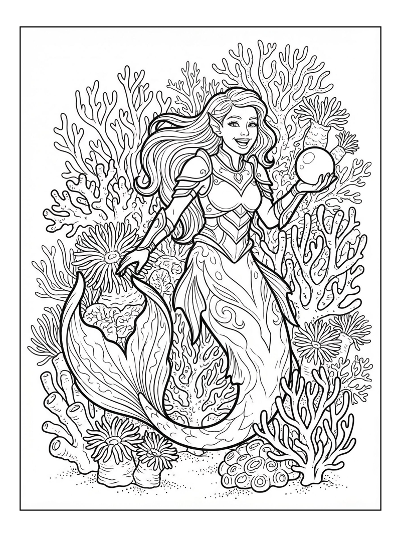 Mermaid Warrior Holding Pearl Coral Reef
