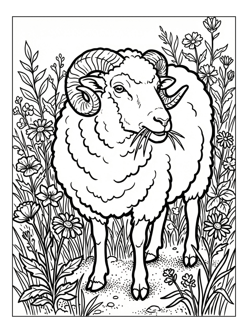 Ram Chewing In Flower Field